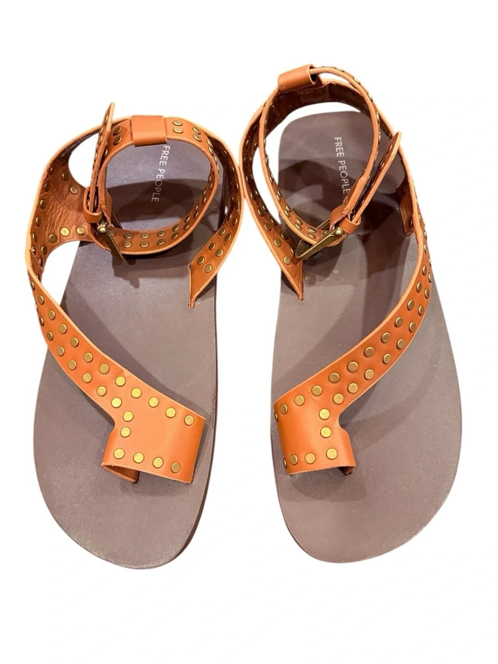 Free People Tan Studded Leather Toe-Loop Sandals